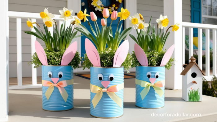 Tin Can Easter Bunny Planters, Front Porch Decor